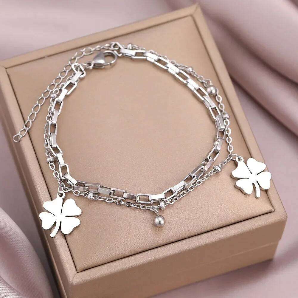 Charm Four Leaf Lucky Flower Double Layer Bracelet for Women Luxury Gold Color Stainless Steel Bangle Jewelry Gift Colorfast Z260313