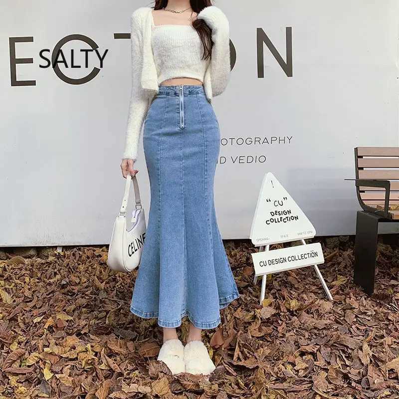 2026 Solid Slimming High Waist Midi A- Line Skirt Woman Trumpet Sides for Women Denim Half-length Skirt with Flounce M260314