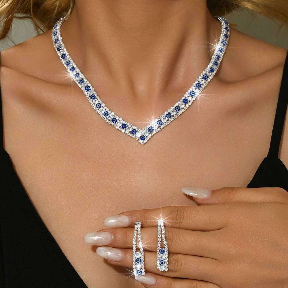 European American popular simple atmospheric silver blue earrings and necklace two-piece set Z260313