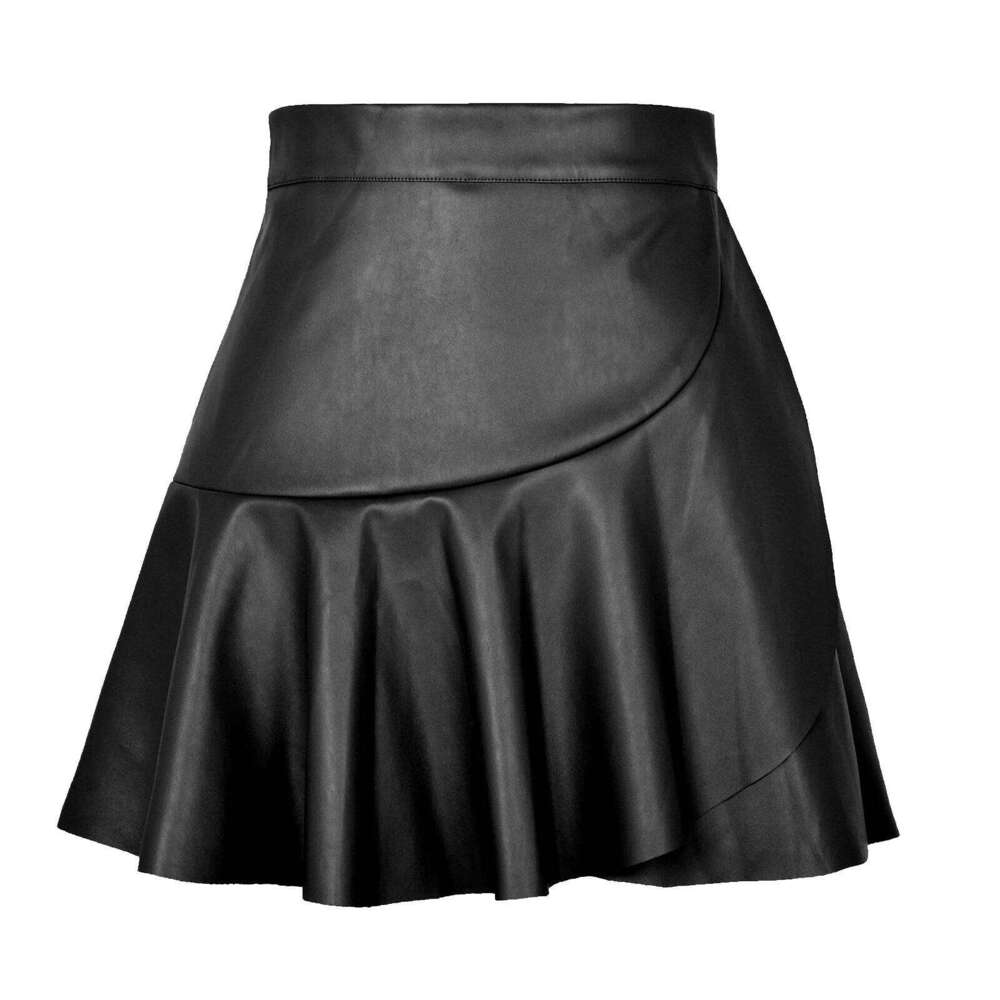 Women's Black Faux Leather Pleated Mini Stretchy High Waisted Tennis Cheer Skirt Flowy A Line Short Skirts Z260314