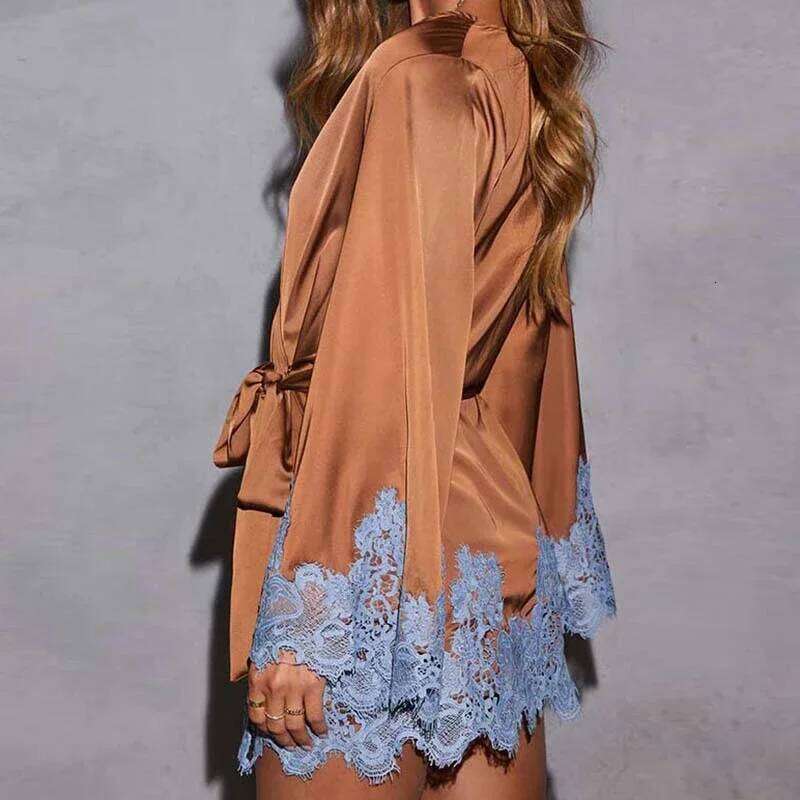 Women Satin Silky Wrap V Neck Lace Trim Tie Waist Bell Sleeve Kimono Mini Party Wedding Guest Short Dress MAKOUFEI