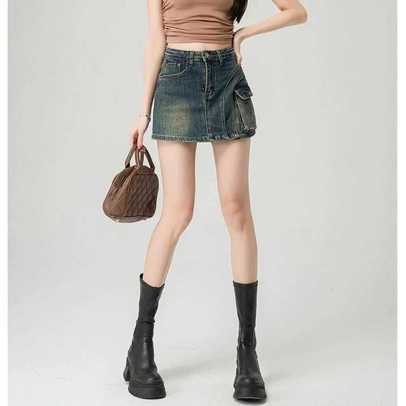 Summer Women Retro Blue High Waist Culottes Lady Thin Wrap Hip A-line Mini Jeans Skirts s Fashion Skinny Denim Dress M260314