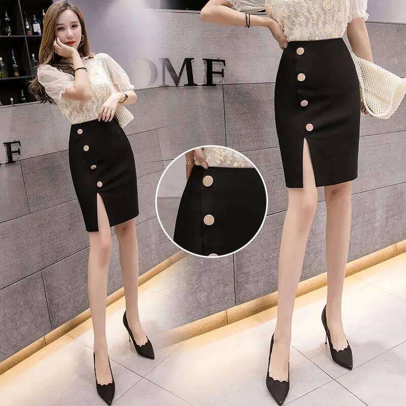 Summer New Button Split Short Skirts High Waisted Elastic Professional OL Women's Patchwork Zipper Bag Black Wrap Hip Half Skirt Z260314