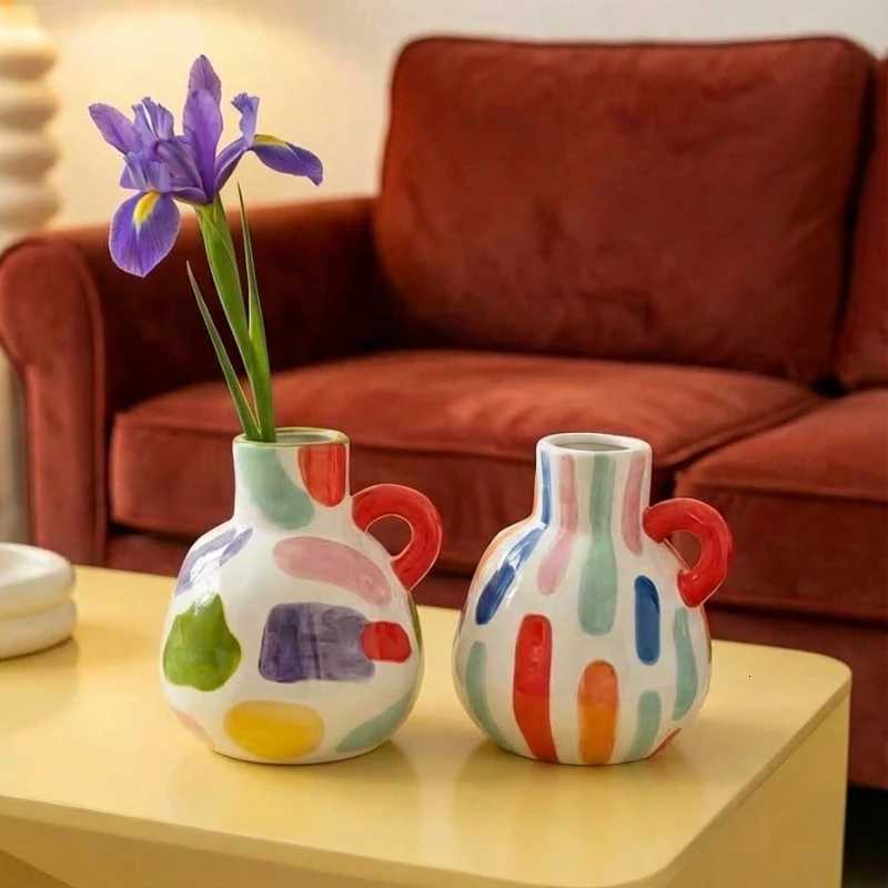 Modern Geometric Ceramic Vase Luxury Home Decor with Dazzling Dopamine Colors Stylish Flower Arrangement for Living Room Y260314