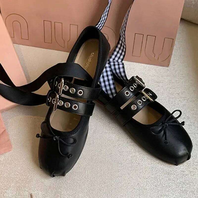 Designer Cross-tied Mary Jane Women Belt Buckle Dress Shoes Leisure Comfort Footwear Bowknot Soft Sole Ballet Flats Female