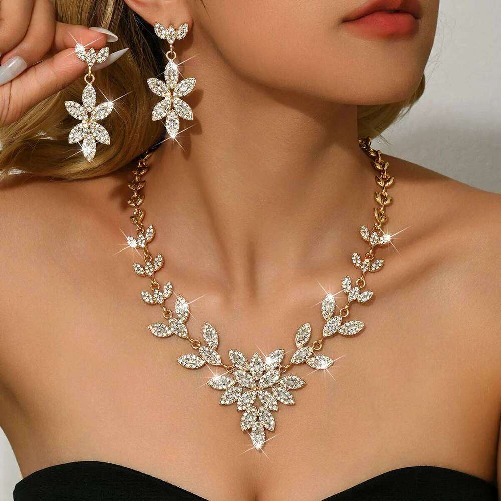 Cross border bride jewelry necklace, earrings, leaves inlaid with diamonds, two-piece set, exquisite wedding accessories, Z260313