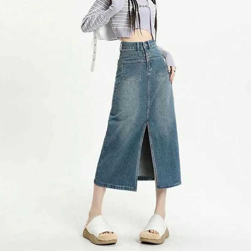 Summer Female Chic Blue High Waist Skirt Hot Sale Lady Ins Fashion A-line Slit Jeans Skirts s Korean Casual Denim Dress M260314