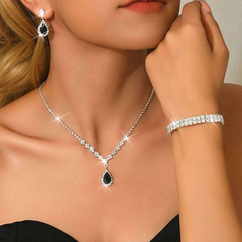 Glamorous Evening Jewelry Set Black Waterdrop Zircon Necklace Earrings Ring Bracelet Bridal Party Shiny Accessories Z260313