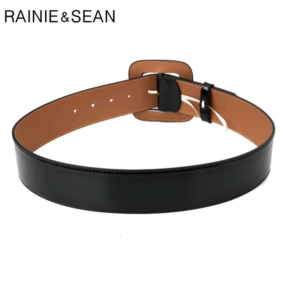 RAINIE SEAN Wide Female Dress Belts Patent Leather Genuine Cowhide Black Elegant French Luxury Women Waist Belt Z260226
