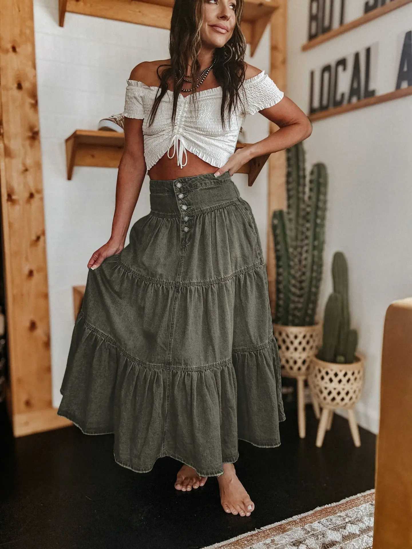 Bohemian Style Cowboy Skirt Women Personalized Street Fashion A-line Tiered Cake Denim Skirts All-match Commuting Clothing New M260314