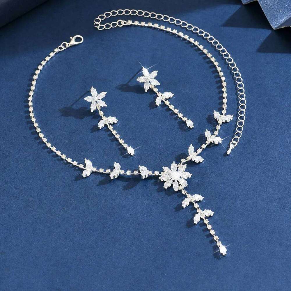 New Flower Leaf Rhinestone Jewelry Set for Women Copper Base Shiny Tassel Earrings + Y-Necklace Bridal Party Evening Prom A Z260313