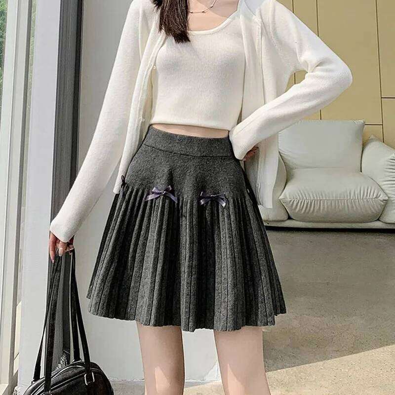 Korean Chic Bow Knitted A-Line Women Preppy Style Cute Pleated Short Skirts Girls All-Match Slimming High Waisted Skirt Z260314