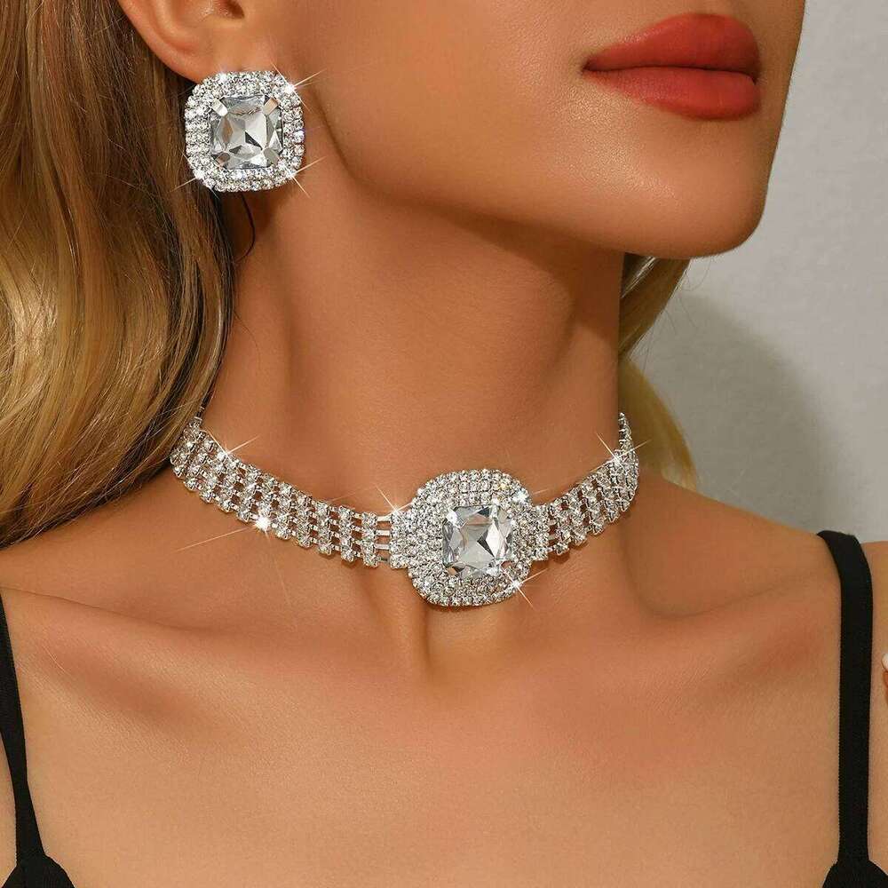 Luxury Crystal Choker Earrings Set Women - Sparkling Square Gem Statement Jewelry for Evening Party Wedding Z260313