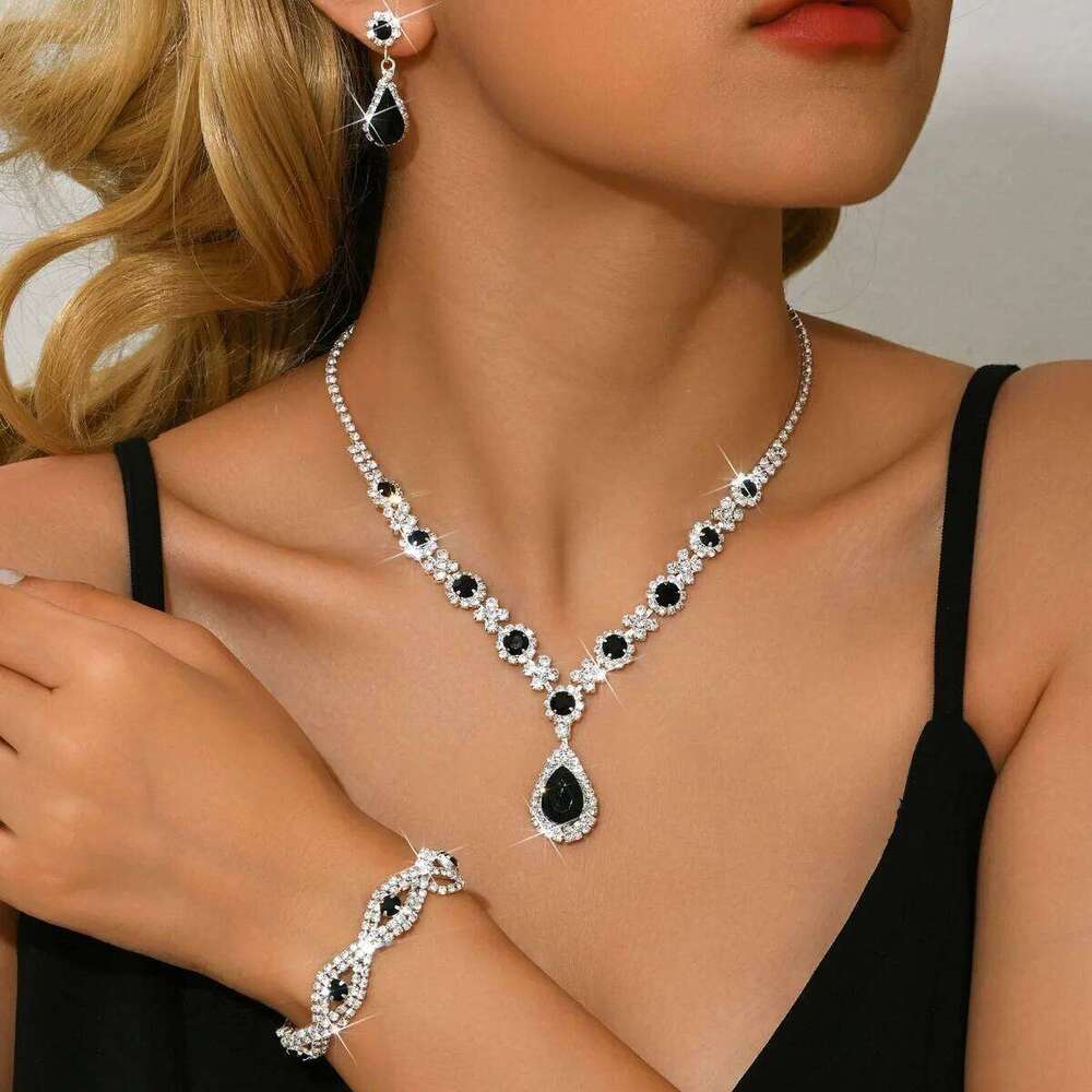 Glamorous Black Drop Zircon Jewelry Set - Necklace Bracelet + Earrings for Evening Party Wedding Z260313