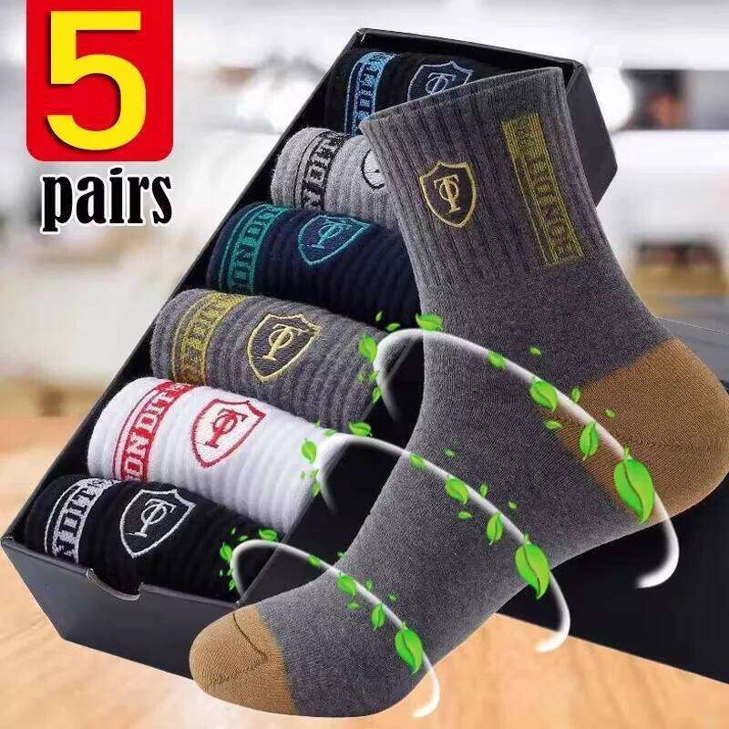 5Pairs Mens Cotton Sports Spring and Autumn Leisure Sweat Absorbent Comfortable Breathable Basketball Socks Meias EU 38-43 Z260314