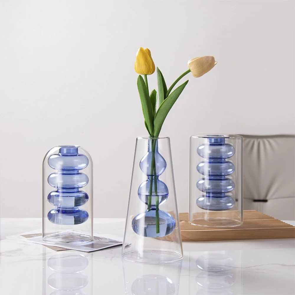 Simple Double-layer Glass Vase for Flower Arrangement Hydroponic Green Plant Vase Wedding Living Home Office Table Decor Y260314
