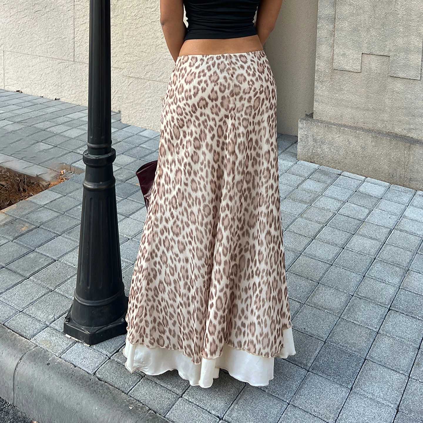 SUCHCUTE Leopard Print Double-Layered Long Skirt for Women Y2K Streetwear Slim Ruffle Hem A-line Skirt Summer Spring Casual New M260314