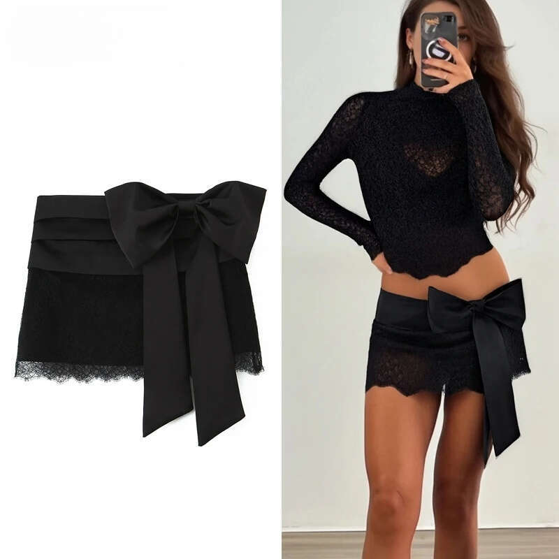 MUJER Black Lace Mini Women Bow Layered Women's Set Mid Waist Skirt Cylinder Luxury Short Skirts for Woman Z260314