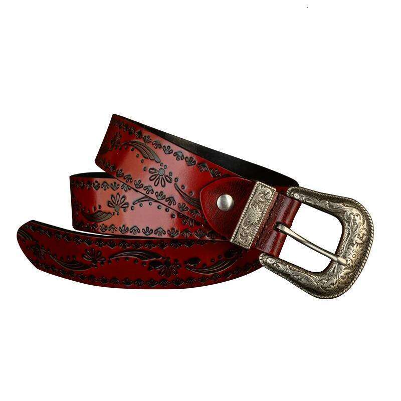 3.8CM Vintage Pin Buckle with Flower Grass Pattern Genuine Leather Belt for Men Work of Art Strap High Quality Z260226