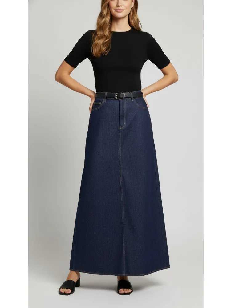 2026 New Womens Dark Blue Denim Skirt Zippered High Waist Pockets A-Line Ankle-Length Skirts Casual Commuter Bottoms M260314