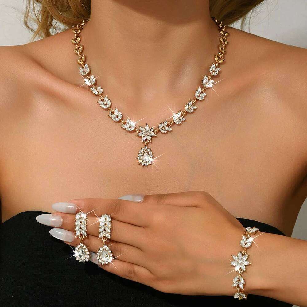 European and American fashion personality exquisite leaf drop earrings necklace bracelet classic bride wedding set Z260313