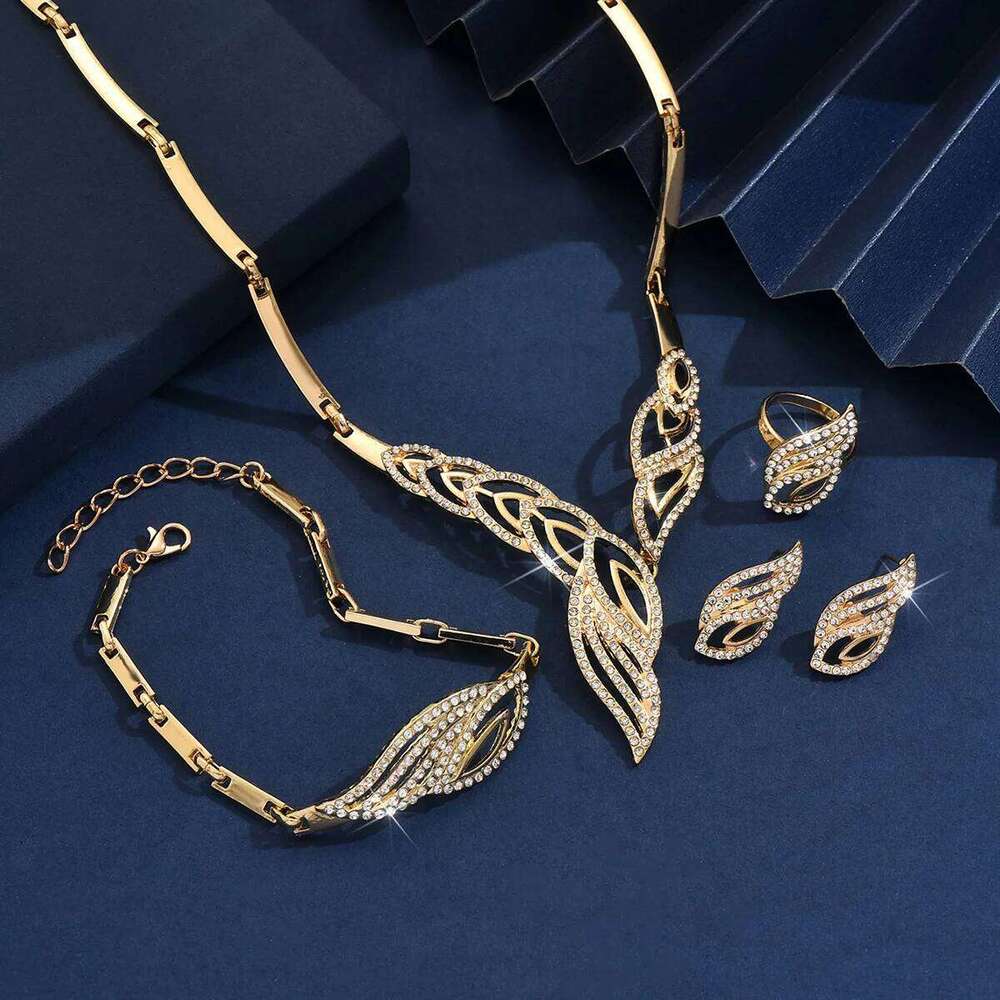Luxury Gold Leaf Pattern Jewelry Set Women's Necklace Earrings Ring Bracelet 4pcs Shiny Party Wedding Statement Accessories Z260313