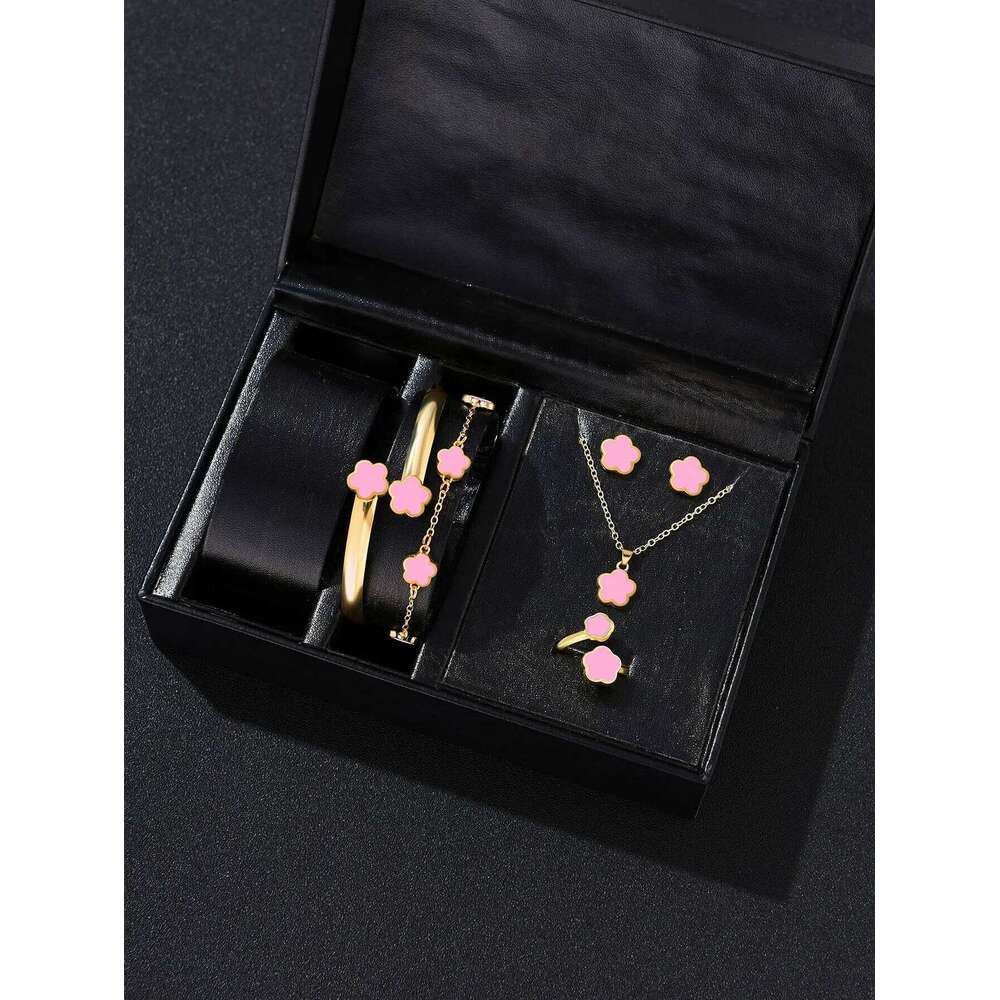 5pcs Lucky Five-petal Women's Jewelry Set, Fashion Flower Necklace Earrings Bracelet + Ring, Birthday, Ann Z260313