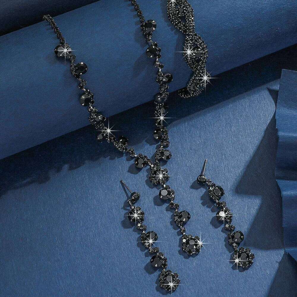 Black Crystal Jewelry Set Necklace Earrings Bracelet Sparkling Pendant Silver-Plated Accessories for Evening Party Prom Wedding Z260313