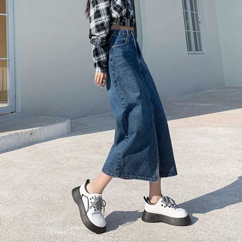 Female High Waist Solid Color Jeans Skirt Hot Sale Women Thin Mid-Long Dress s Korean Classic A-line Slit Denim Skirts M260314