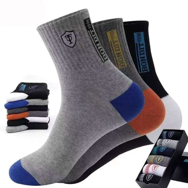 5Pairs Mens Cotton Sports Spring and Autumn Leisure Sweat Absorbent Comfortable Breathable Basketball Socks Meias EU 38-43 Z260314