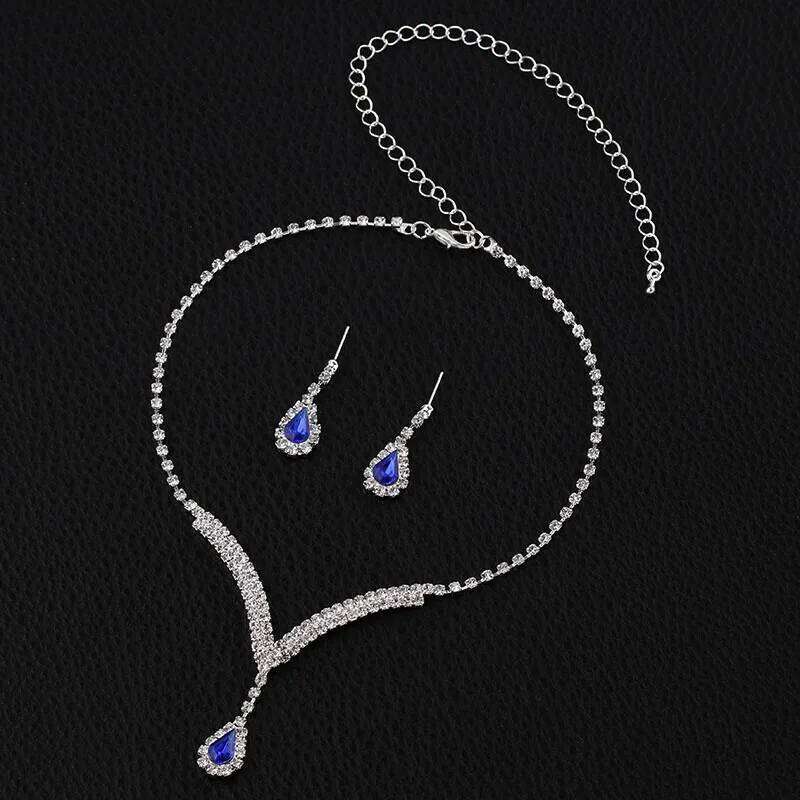 TREAZY Royal Blue Crystal Bridal Silver Plated Rhinestone Necklace Earrings Set for Women Prom Wedding Jewelry Sets Z260313