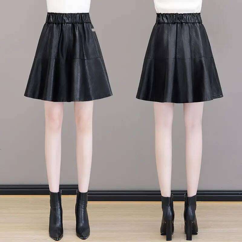Simplicity Office Lady Autumn Winter New Women Solid Korean Fashion Chic Elastic High Waist Short Slim A-line PU Leather Skirt Z260314