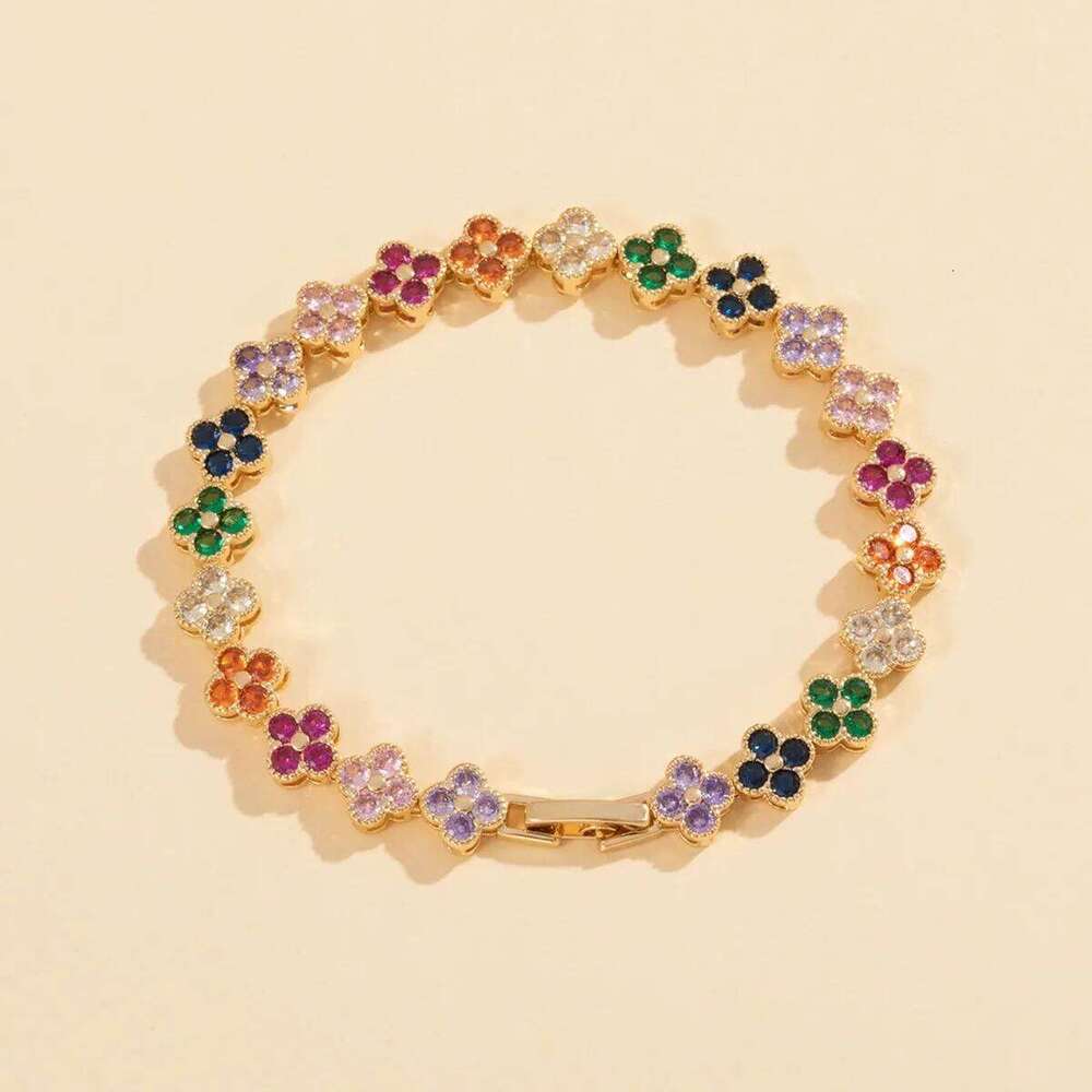 A Colorful Lucky Four-Leaf Flower Bracelet Inlaid With Zircon, Luxurious And High-End Small Fragrance Style, Versatile For Women Z260313