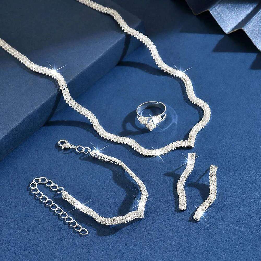 Bling Scallop Edge Jewelry Set Women's Rhinestone Necklace Earrings Bracelet Ring 4Pcs Party Formal Statement Accessories Z260313