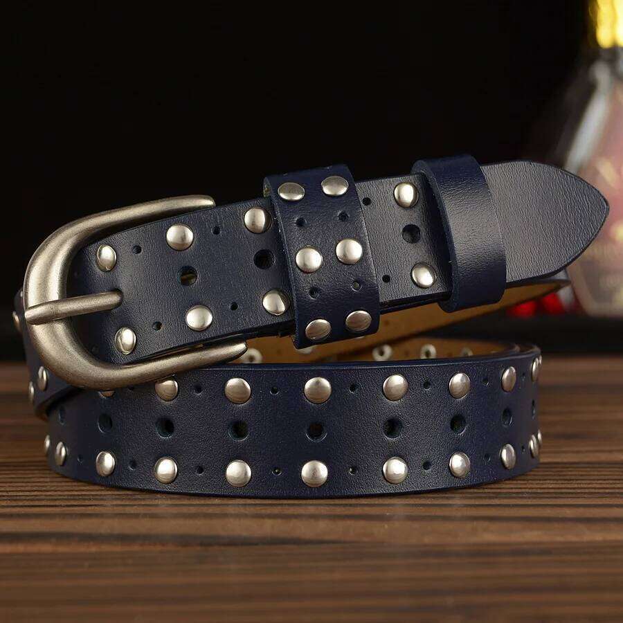 Female Hollow Vintage Luxury Punk Belts Men High Quality Genuine Real Leather Women Waist Rivet Strap for Jeans Z260226