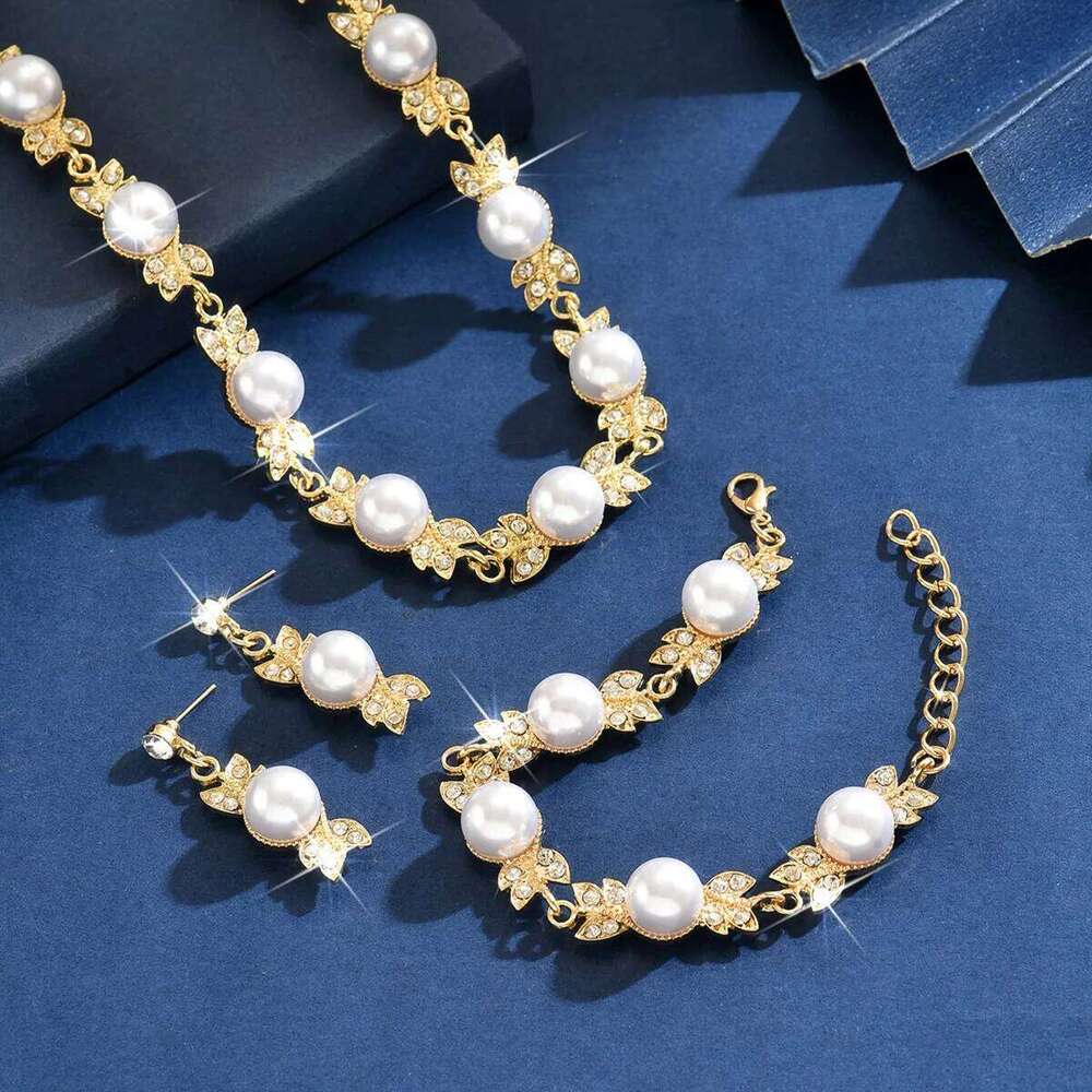 Faux Pearl & Crystal Jewelry Set Necklace+Bracelet+Earrings Silver-Tone for Women Party Wedding Accessories Product Descriptio Z260313