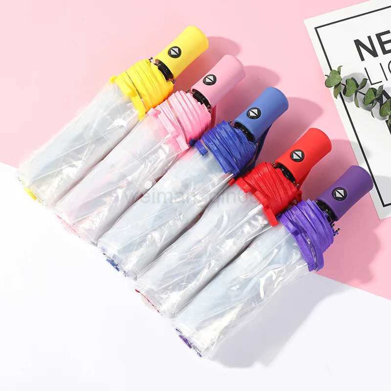 Fully Automatic Transparent Umbrella Fashion Durable Outdoor Triple Folding Rainproof Visual Clear Umbrella Outdoor Anti Wind H260314