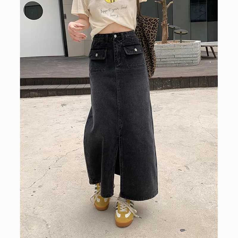 Summer Female Retro Thin High Waist Skirt Hot Sale Lady Wrap Hip A-line Slit Jeans Skirts s Casual Fashion Denim Dress M260314