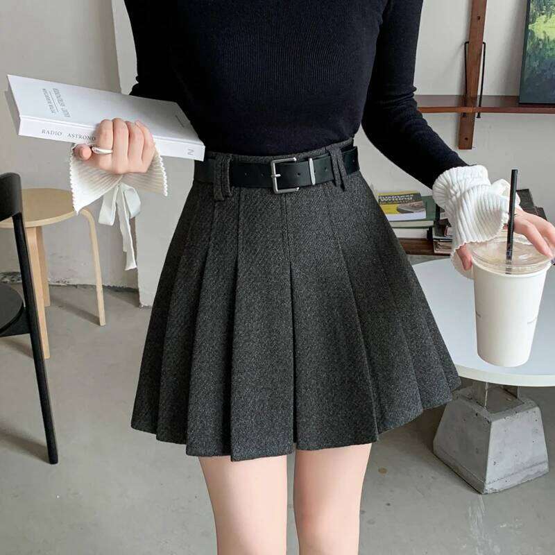 Vintage Winter Pleated Mini Women Streetwear High Waist Woolen Cute Skater Skirts With Shorts Belt Grey Black Skirt Woman Z260314