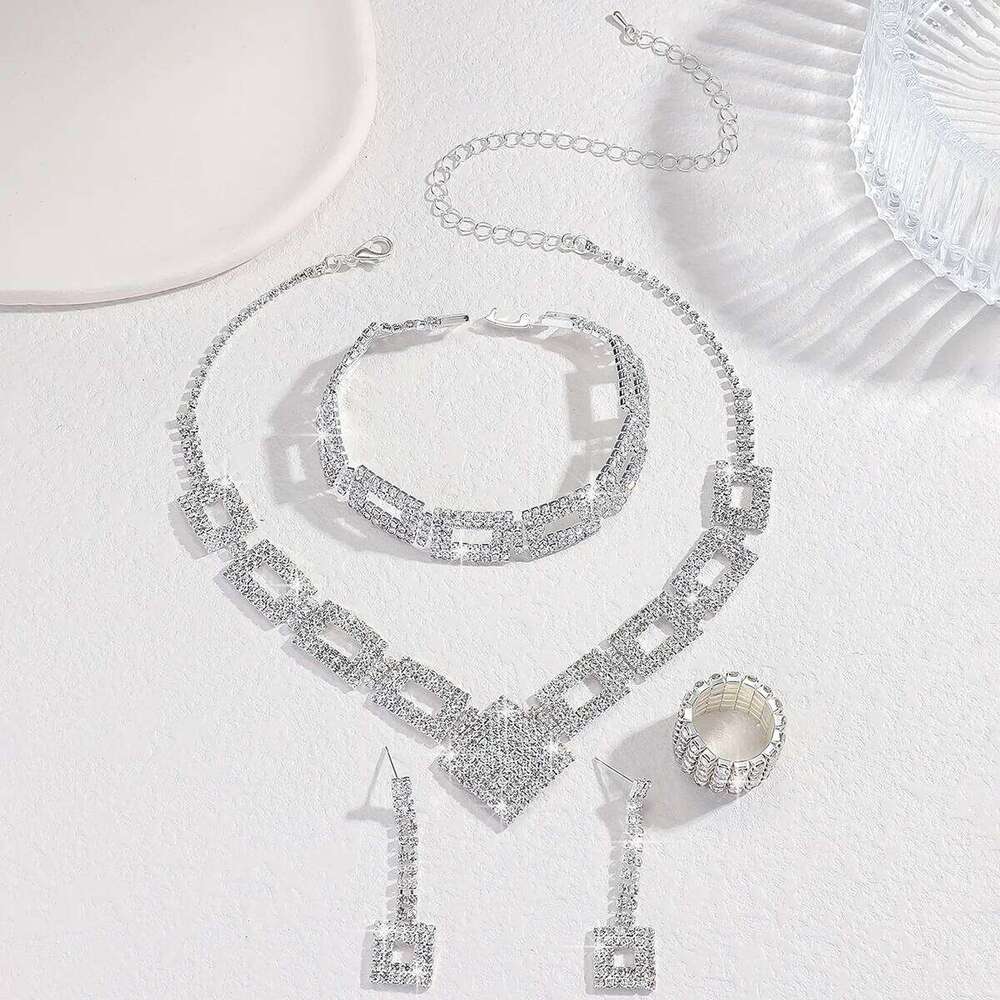 Women's fashionable geometric inlaid rhinestone set, light luxury style elegant high-end jewelry for women Z260313