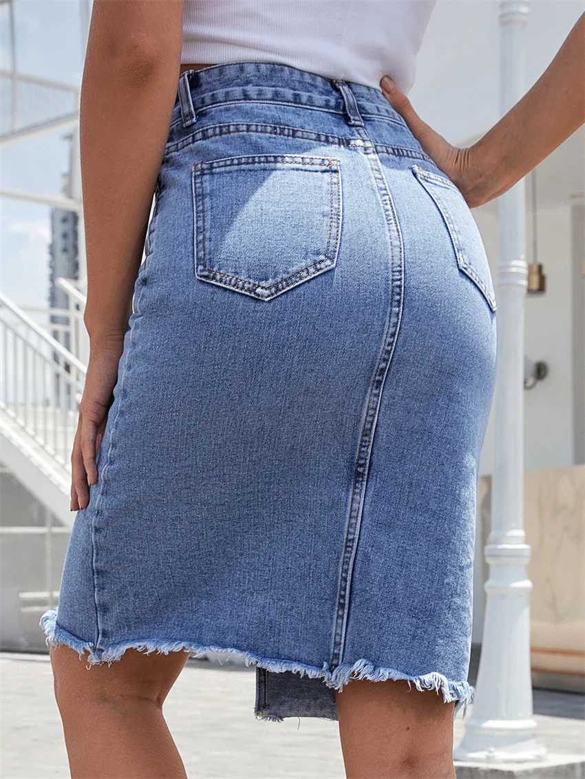 Womens Front Slit Blue Denim Skirt Pockets High Waist Slim Zipper Fly Midi Skirts 2023 Spring Female Casual Streetwear M260314