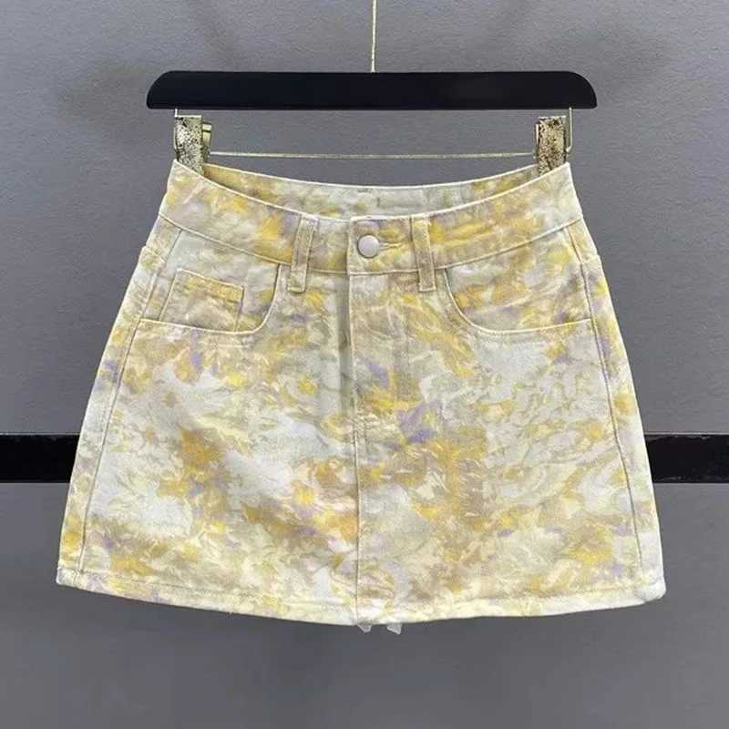 Summer Lady Chic Fashion High Waist A-line Denim Skirt Women Yellow Floral Thin Mini Dress s Korean Elegant Denim Skirt M260314