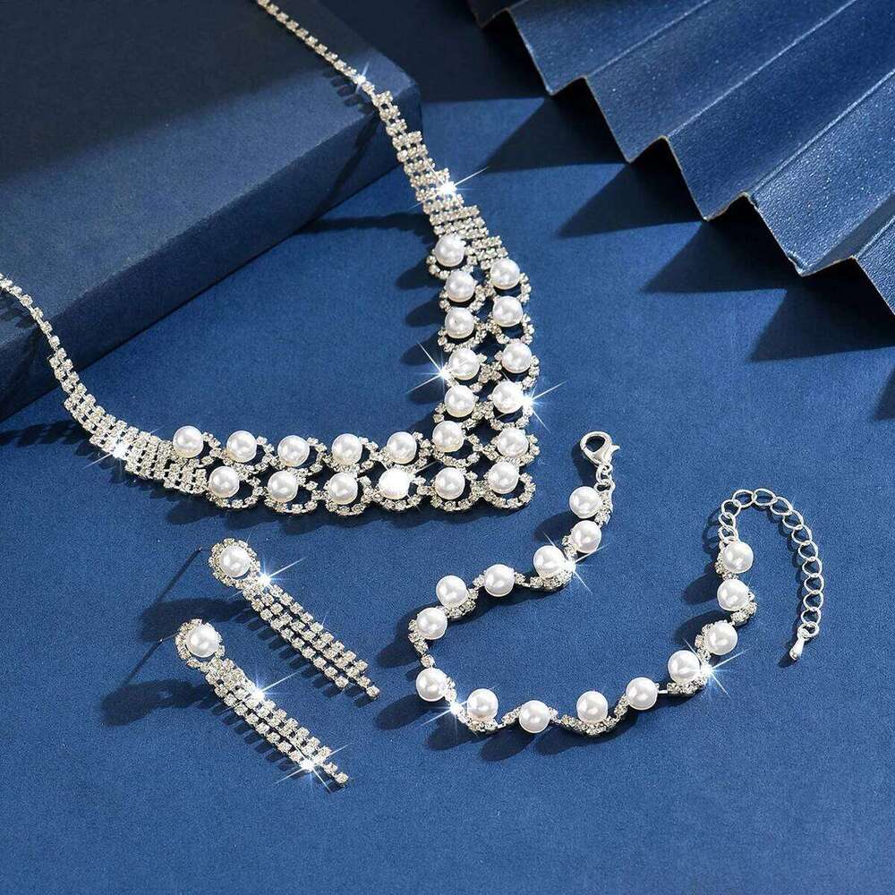 Diamond studded pearl flower pendant earring bracelet, three simple, fashionable, light luxury, high-end accessories wholesale Z260313