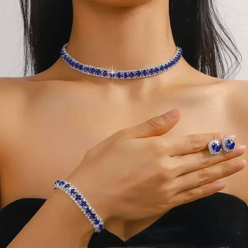 FYUAN Luxury Earring Bracelet Black Green Blue Gold Color Crystal Necklace for Women Weddings Bride Jewelry Sets Z260313