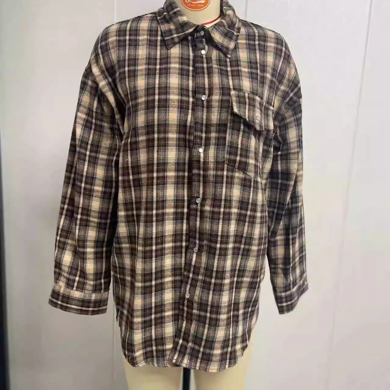 Autumn Plaid Loose Long Sve Womens irt Vintage Sle Street Faion Cotton Material Button Closure Inner Wear 260311