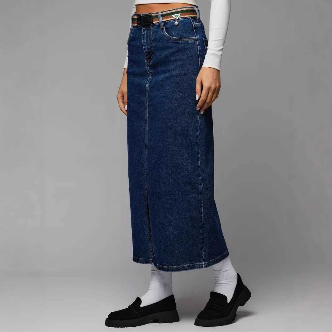 Denim Skirt Women A Line Zipper Button Long Skirts Solid Pockets Casual High Waist Lady Elegant Streetwear Regular Autumn 2025 M260314