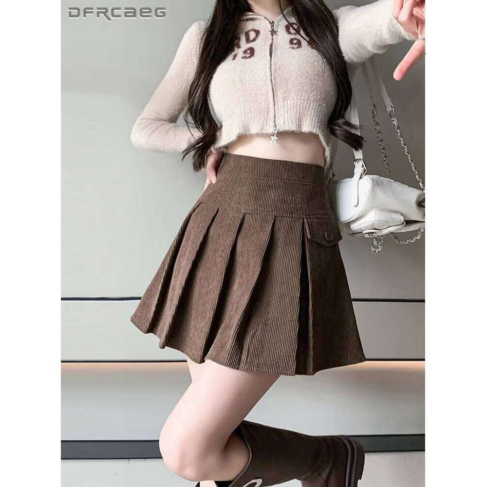 High Waisted Vintage Women Short Pleated Skirt With Pocket Autumn Winter Causal Hot Sweet Corduroy A-Line Skirts Lady Z260314