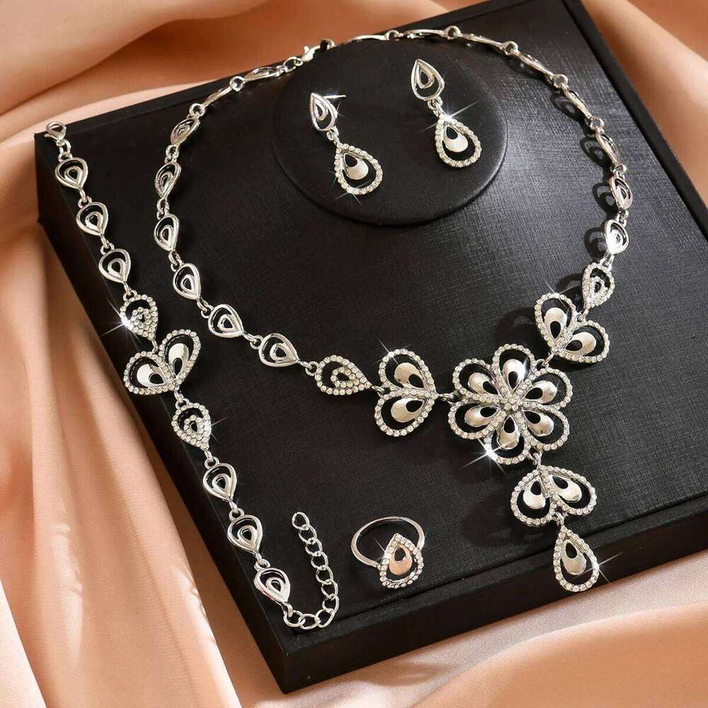 European and American style flower studded diamond necklace earrings two-piece set for women's high-end dress accessories Z260313