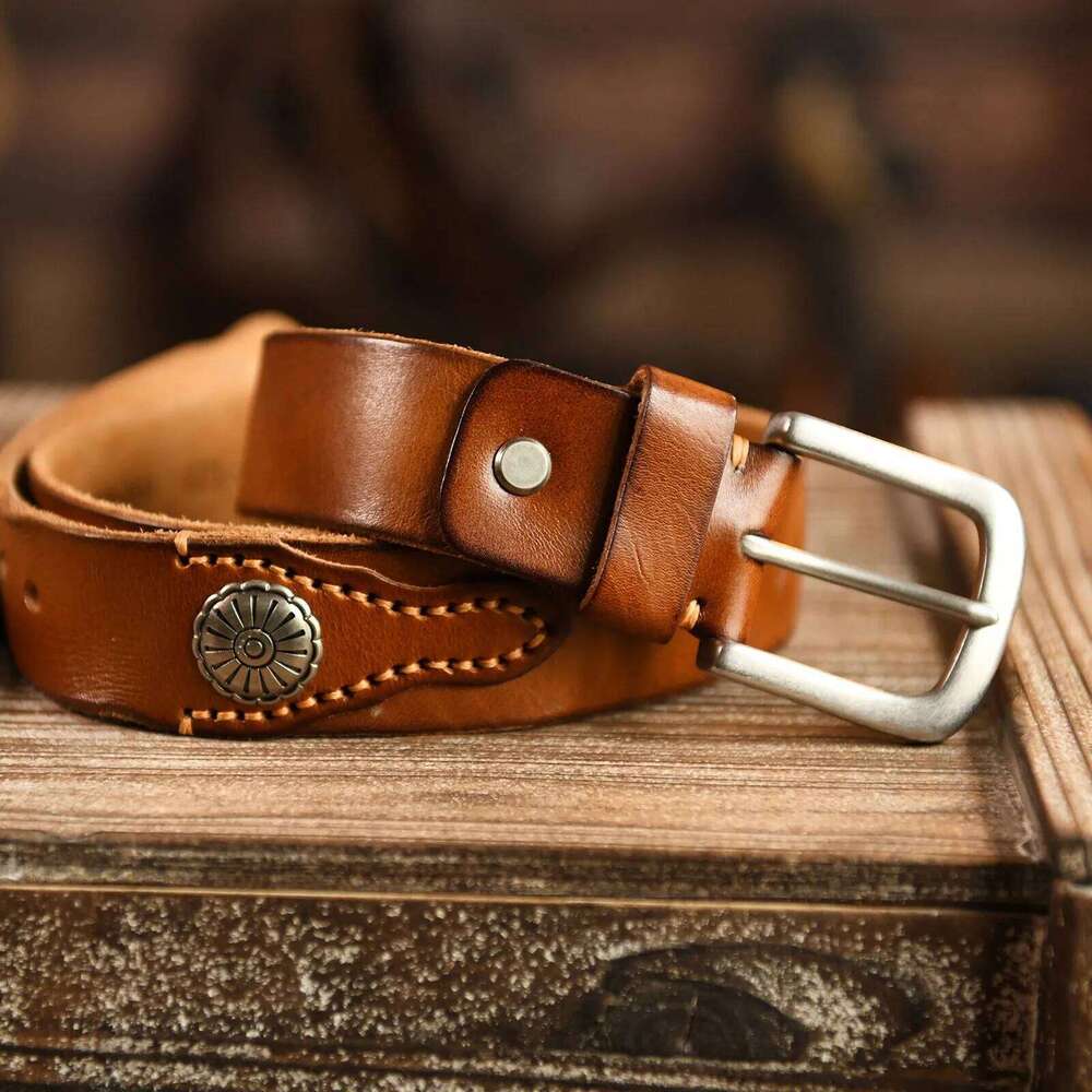New Product Genuine Men's Pleated USA Western Retro Denim Style Leather Personality Cowboy Pin Buckle Belt Z260226