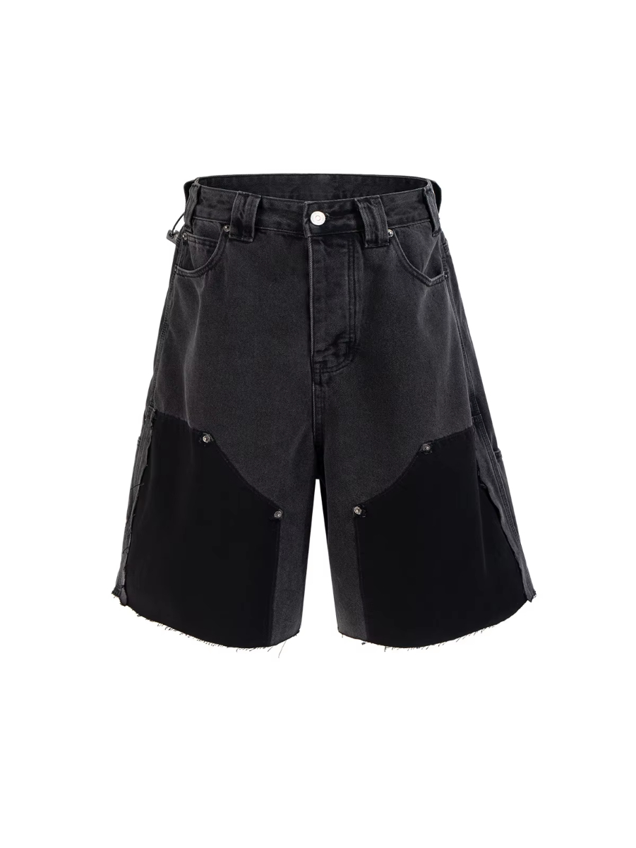 MIJKO Washed Logger Shorts Unisex Cat Whisker Fuzzy Edge Cuff Design Spliced Black TJ170